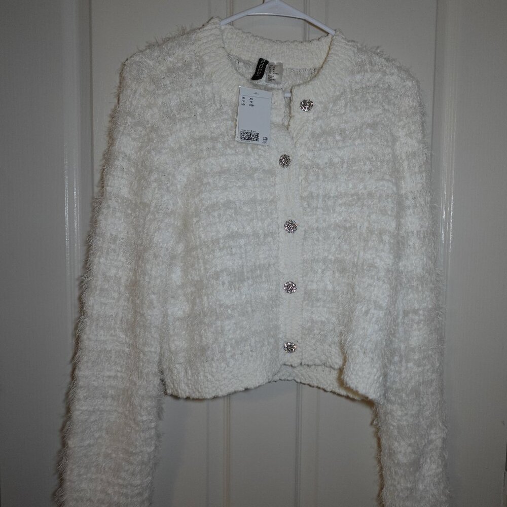 H&M White Fuzzy Cardigan Sweater w/ Rhinestone Buttons | NWT | Size XS